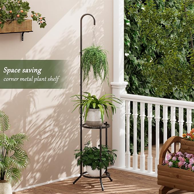 2-tier Hanging Plant Stand Indoor and Outdoor, Space-Saving Iron Plant Shelf, 3 Potted Flower Pot Stand ,Planter Holder for Bedroom Balcony Living Room Patio Garden(Hook Style)