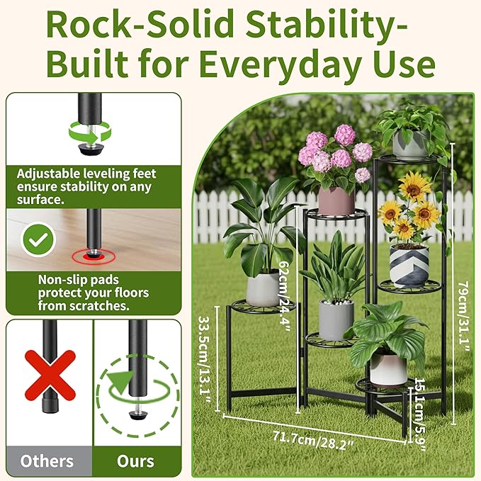 6 Tier Large Plant Stand Indoor with 7.9-Inch Wide Drainage Tray, Tiered Corner Metal Outdoor Flower Display Holder Shelf, Folding Tall Rack for House Patio Porch Balcony Graden - BlackS