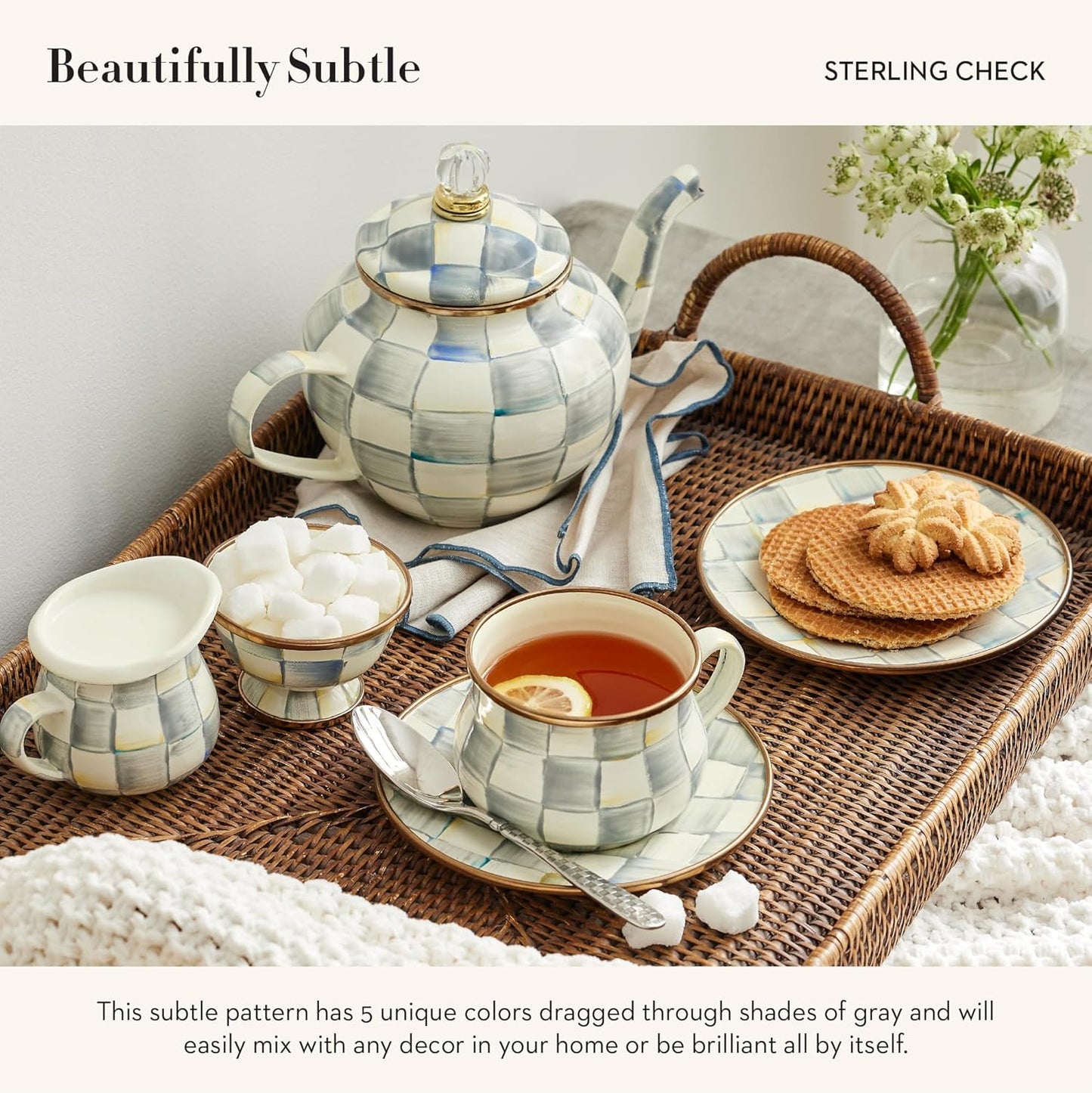 MACKENZIE-CHILDS Enamel Teacup, Unique Coffee and Tea Mug, Enamel Cup for Hot Tea, 10 Ounces, Gray-and-White Sterling Check