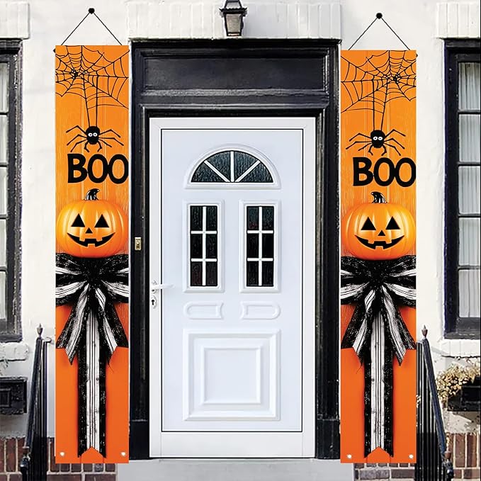 2PCS Halloween Porch Banner Boo Spider Pumpkin Signs 71 x 12 Inch Halloween Front Door Hanging Decor Outdoor Indoor Wall Decorations for Party Entryway Supplies