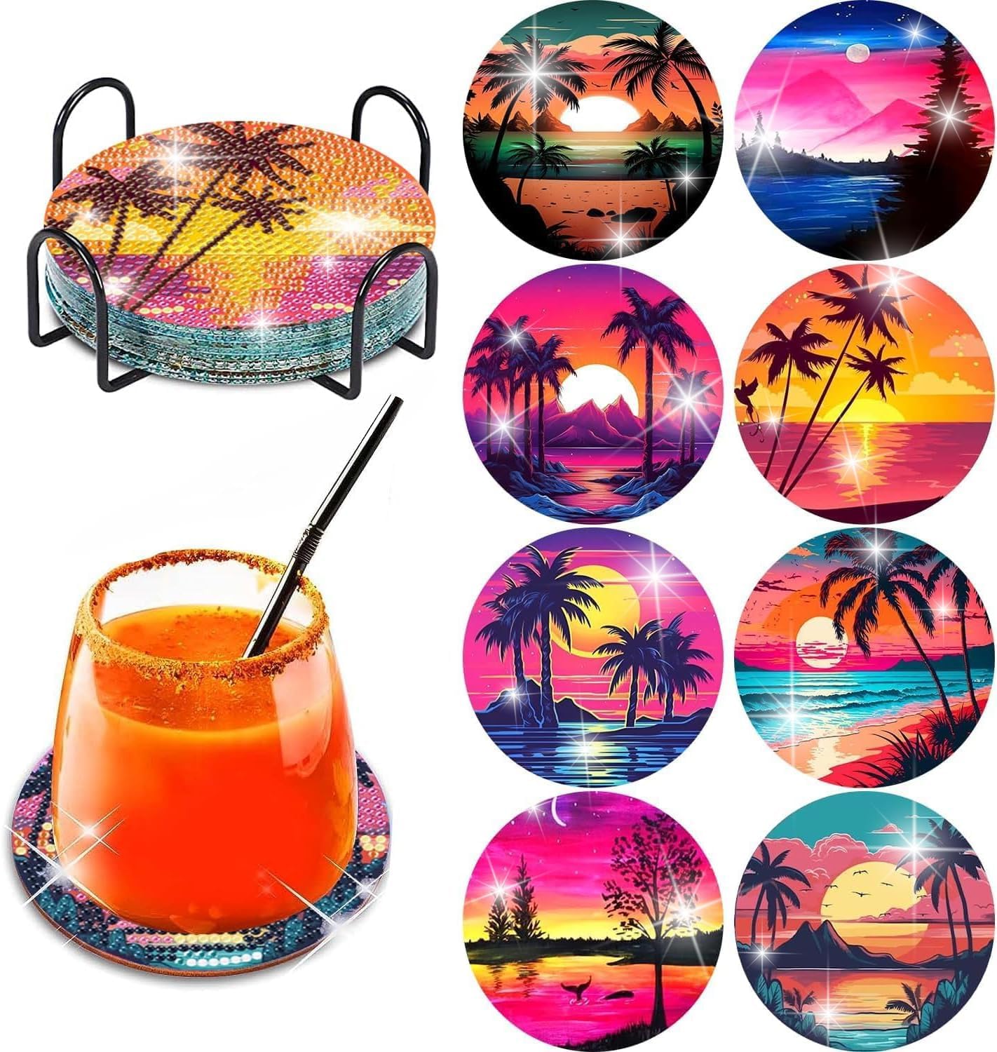 Clendo 8Pcs Diamond Painting Coasters Kits, DIY Landscape Diamond Art Coaster Kits with Holder, Small Diamond Painting Kits for Adults & Kids Art Craft Supplies
