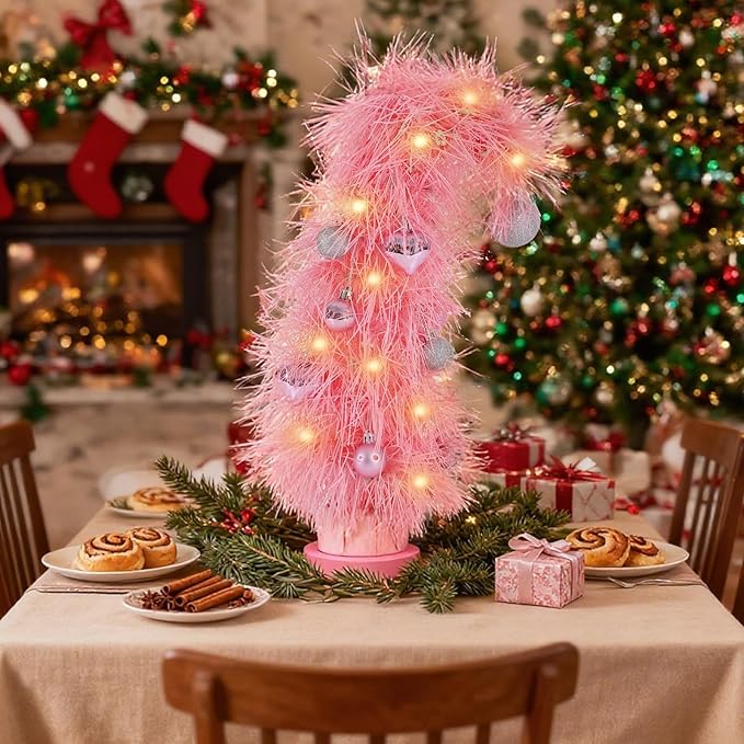 16 inch Pre-Lit Mini Christmas Tree with Ornaments Included, Pink Whimsical Artificial Tabletop Tree for Home, Office Desk & Holiday Decor
