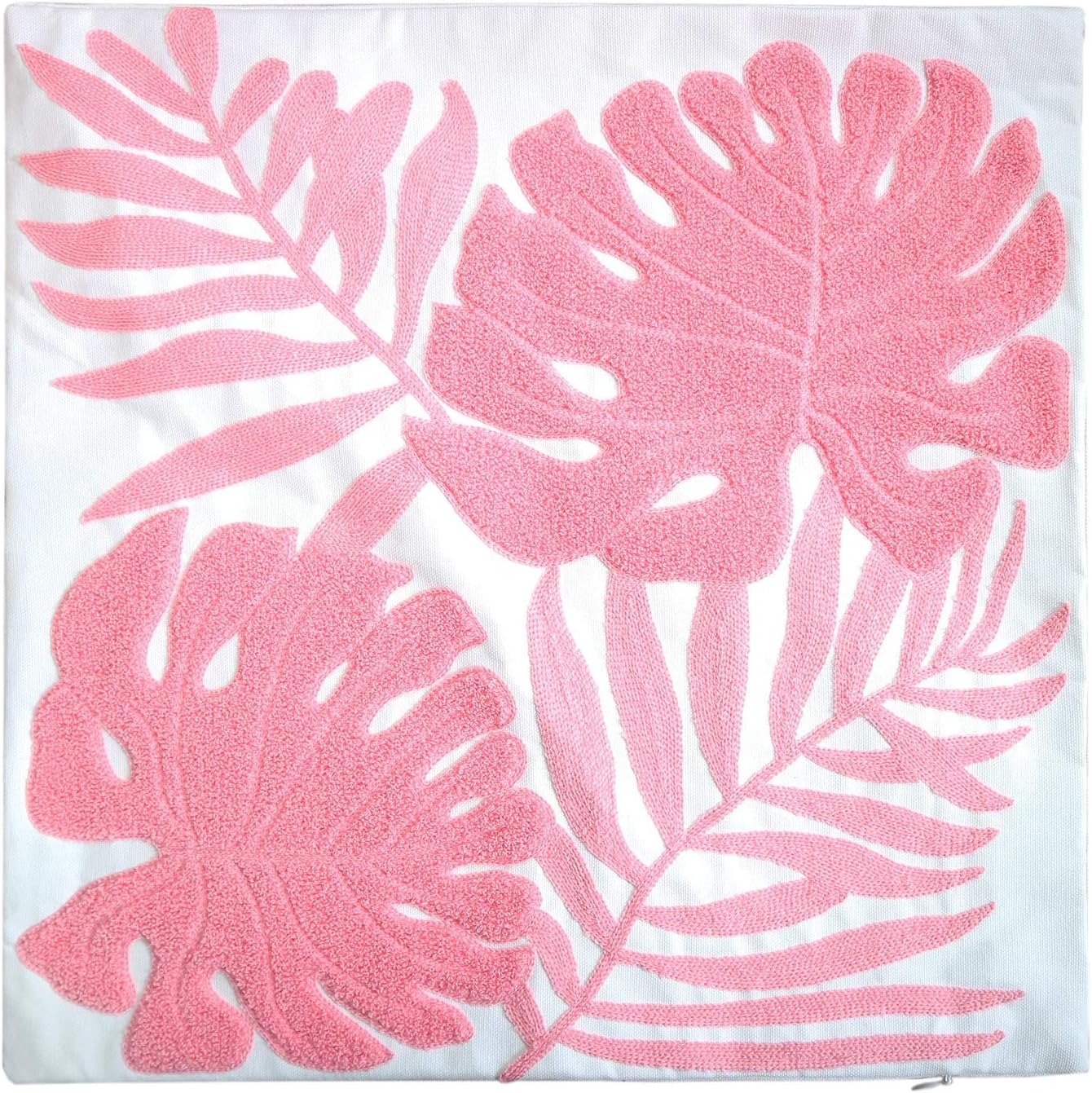 Embroidery Throw Pillow Cover 18x18 Home Decor Floor Pillow Cover for Couch Sofa Chair 100% Cotton Loop Embroidered Pink Tropical Leaves Cushion Cover Square Pillowcase 45x45cm, 1 Piece