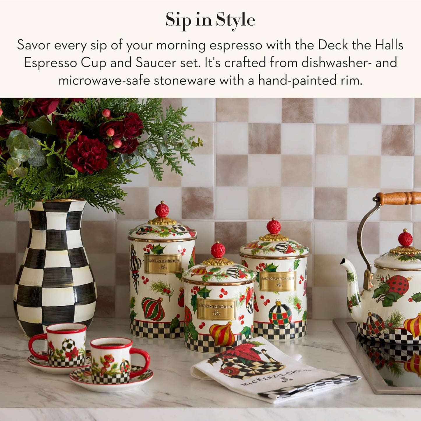 MACKENZIE-CHILDS Set of 2 Stoneware Espresso Cup and Saucer, Cute Coffee Cups