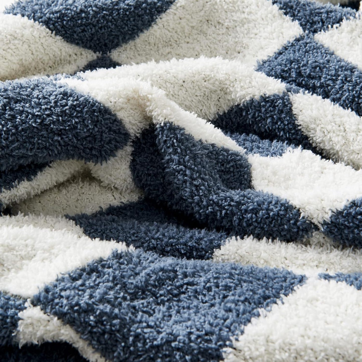 CozeCube Super Soft Fullfy Microfiber Reversible Knitted Blankets, Warm Cozy Fuzzy Plush Throw, Dusty Blue and White Checkered Throw Blanket for Couch Bed Sofa, 50" x 60"