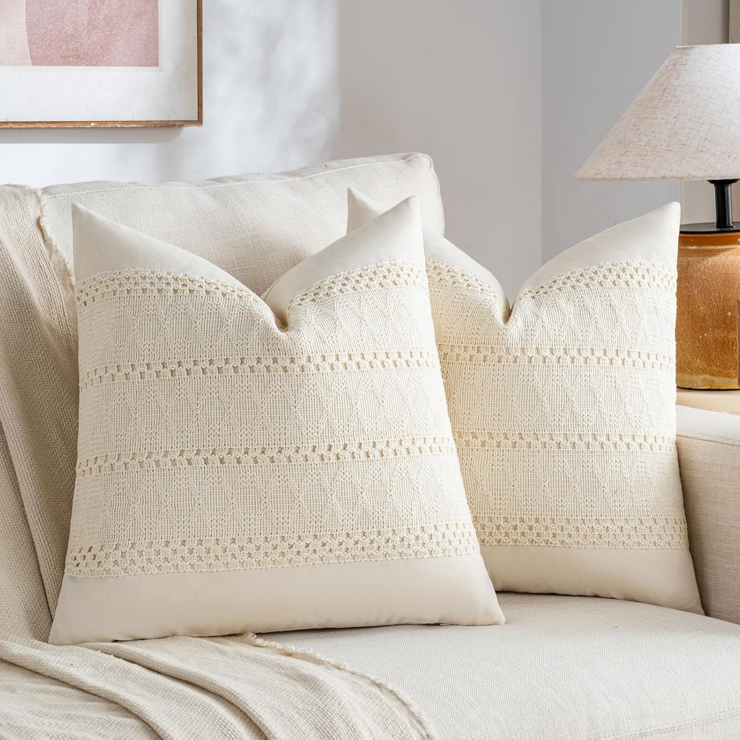 Fancy Homi Set of 1 Boho Cream Decorative Throw Pillow Cover 20x20 Inch for Couch Bed Sofa, Aesthetic Modern Organic Farmhouse Home Decor, Soft Cotton Cute Accent Macrame Woven Cushion Case