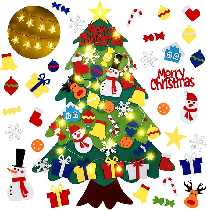 3.2 Ft Felt Christmas Tree for Toddlers with 32 Detachable Ornaments and String Lights, Xmas Gifts, Door Wall Hanging Decorations Indoor