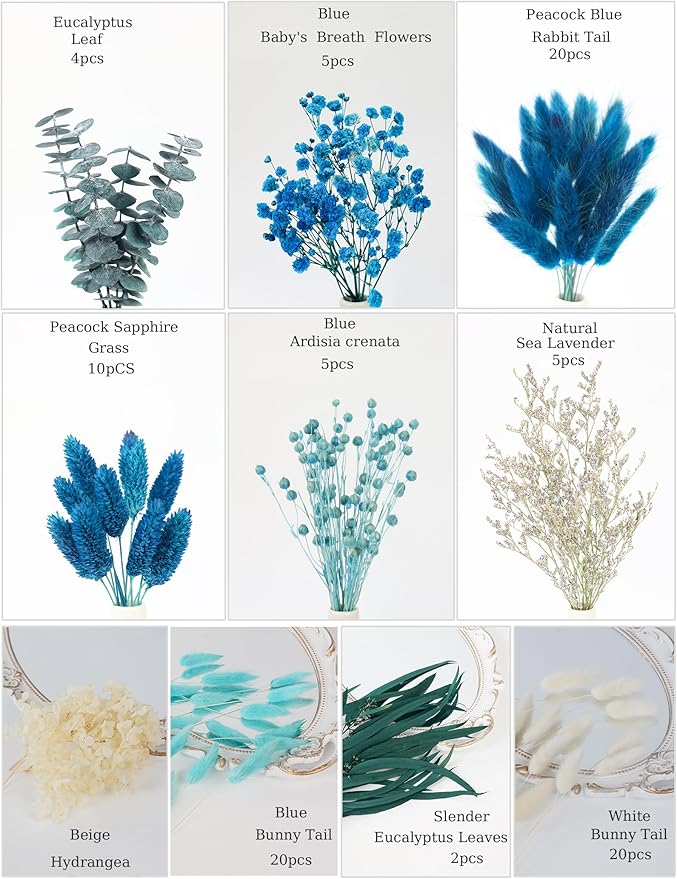 xin's convey Dried Flower with Stem for Vases, Dried Floral Bouquet, Mini Dried Flower Arrangements. (Blue)