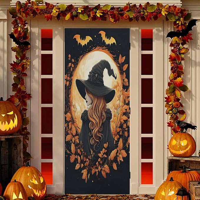 senya Halloween Door Cover Autumn Witch Halloween Banner Decoration 79 * 35 inch for Front Doors Wall Party Decor