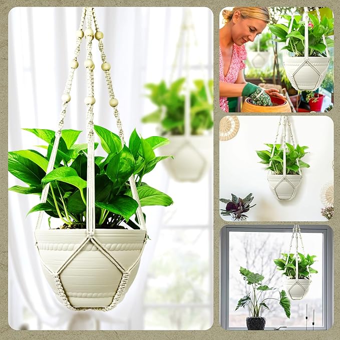 FGSAEOR Macrame Plant Holder Basket, Hanging 3-15 inch Pot, Bearing 20lb Planters, 35 Inches Extra Long Strong Boho Home Indoor Outdoor Décor (2-Pack) (Ivory)