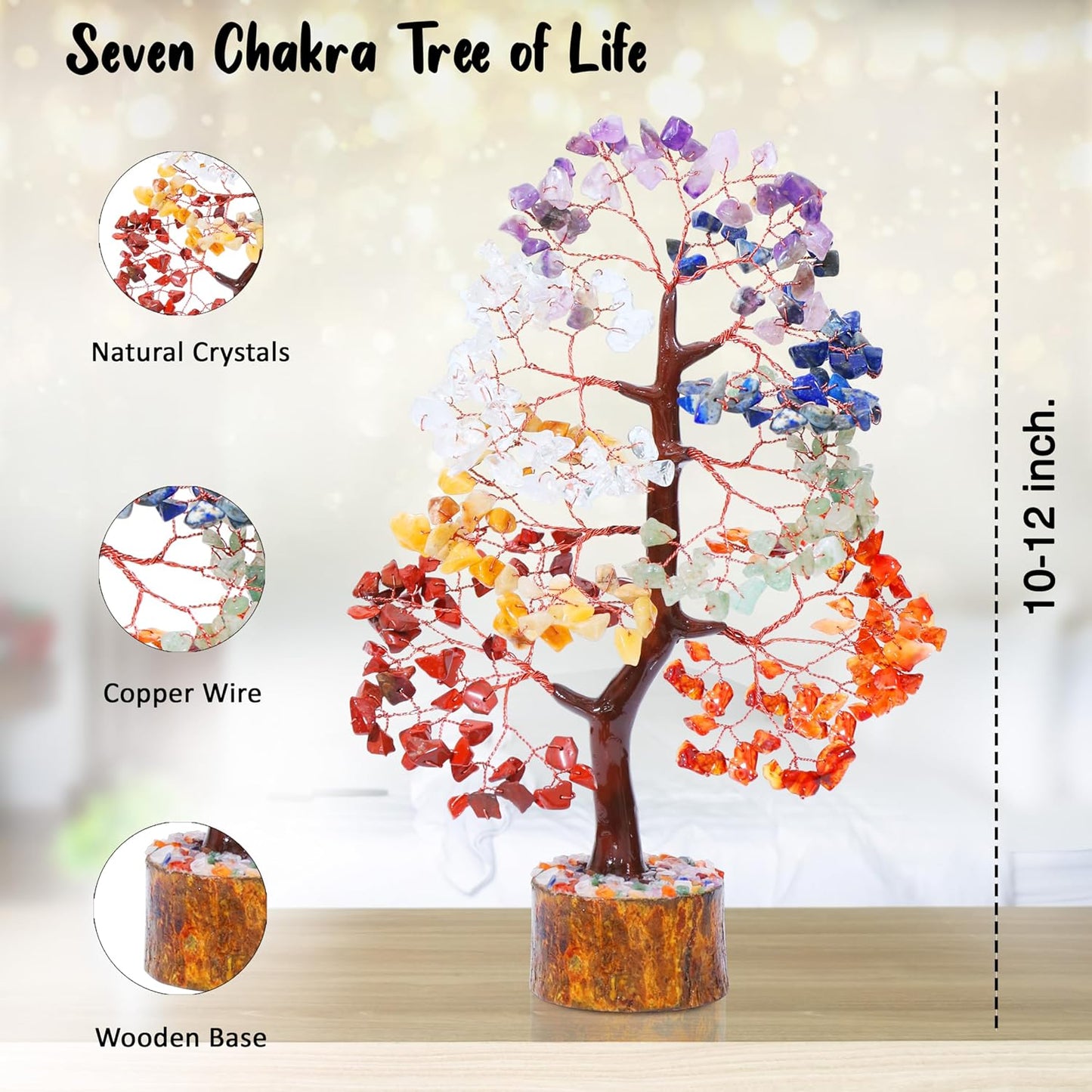 Crocon Seven Chakra Gemstone Tree Copper Wire Feng Shui Money Bonsai Good Luck Chakra Healing Crystals Home Decoration Ornament Figurine Wealth Prosperity Gift Size: 10-12"""