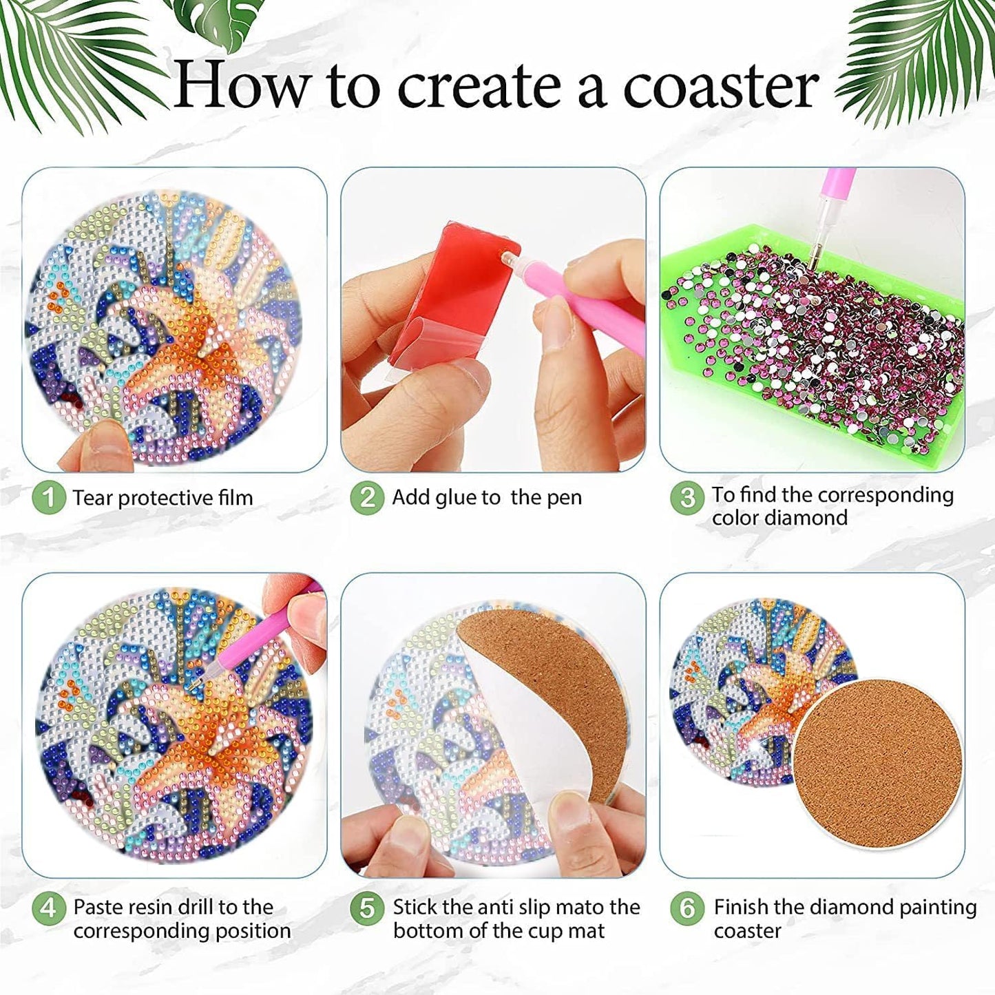 DOTSOPS 8 Pieces Flower Diamond Painting Coasters with Holder - Landscape Diamond Art Coasters with Cork Base for Beginners Adults & Craft Supplies Party