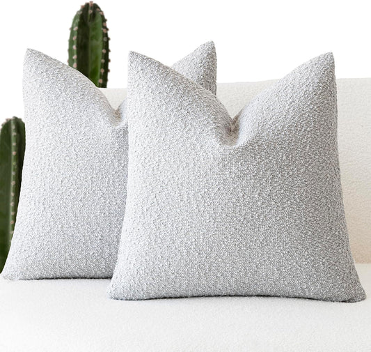 Foindtower Set of 2, Decorative Textured Boucle Throw Pillow Covers Accent Solid Pillow Cases Neutral Soft Cozy Couch Cushion Case for Chair Sofa Bedroom Living Room Home Decor 24 x 24 Inch Light Grey