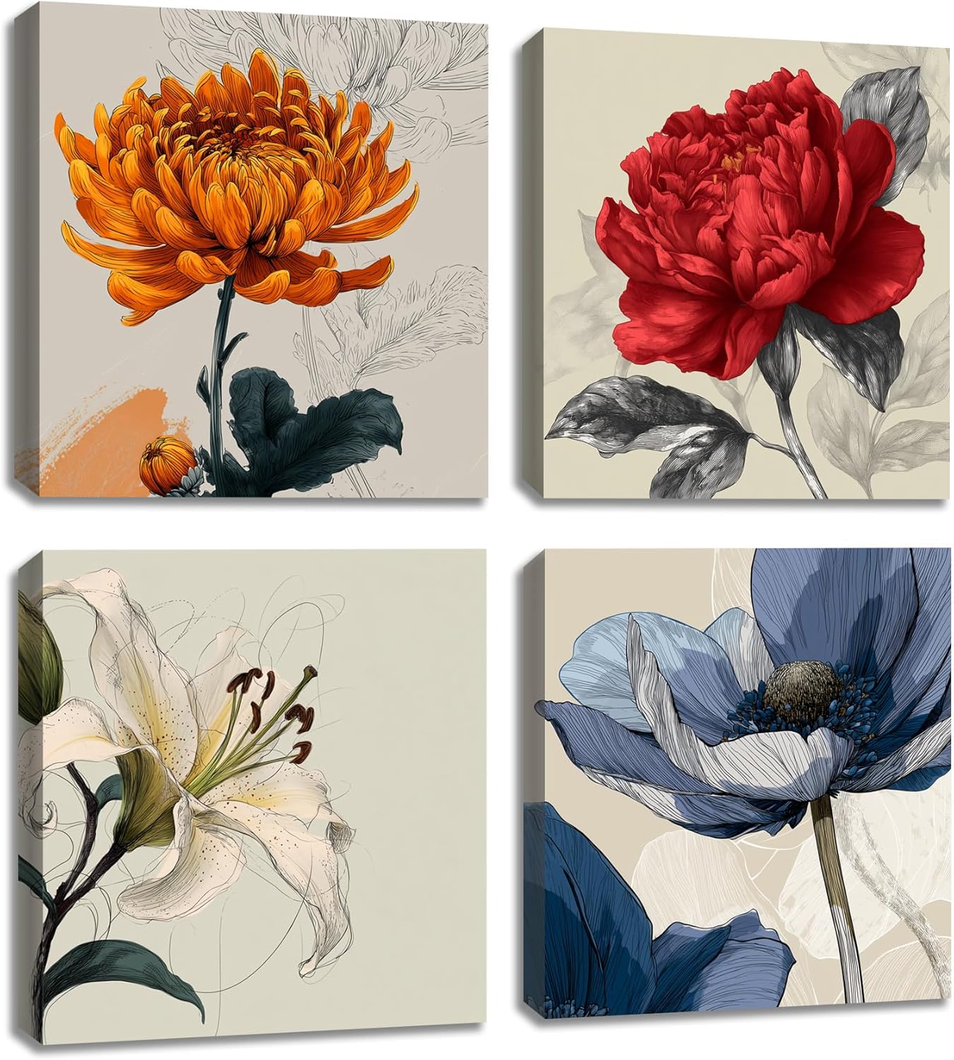 Framed Botanical Wall Art for Living Room Rustic Boho Floral Canvas Paintings Prints Flower Pictures for Farmhouse Hallway Bedroom Dining Room Bathroom Office Wall Decor ArtWork for Wall