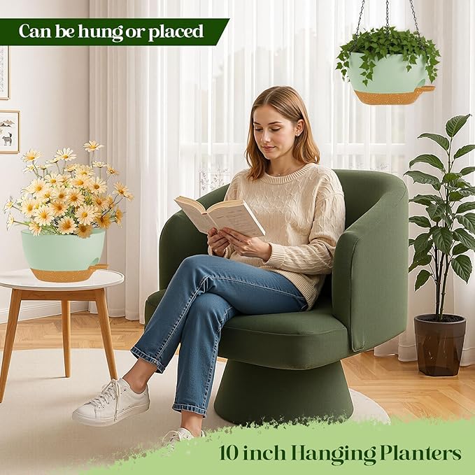 10 Inch Hanging Planters with Chains 2 Pack Self Watering Green Brown Plastic Hanging Pots for Indoor Outdoor Plants, Garden Porch Home Decor (Green Brown)