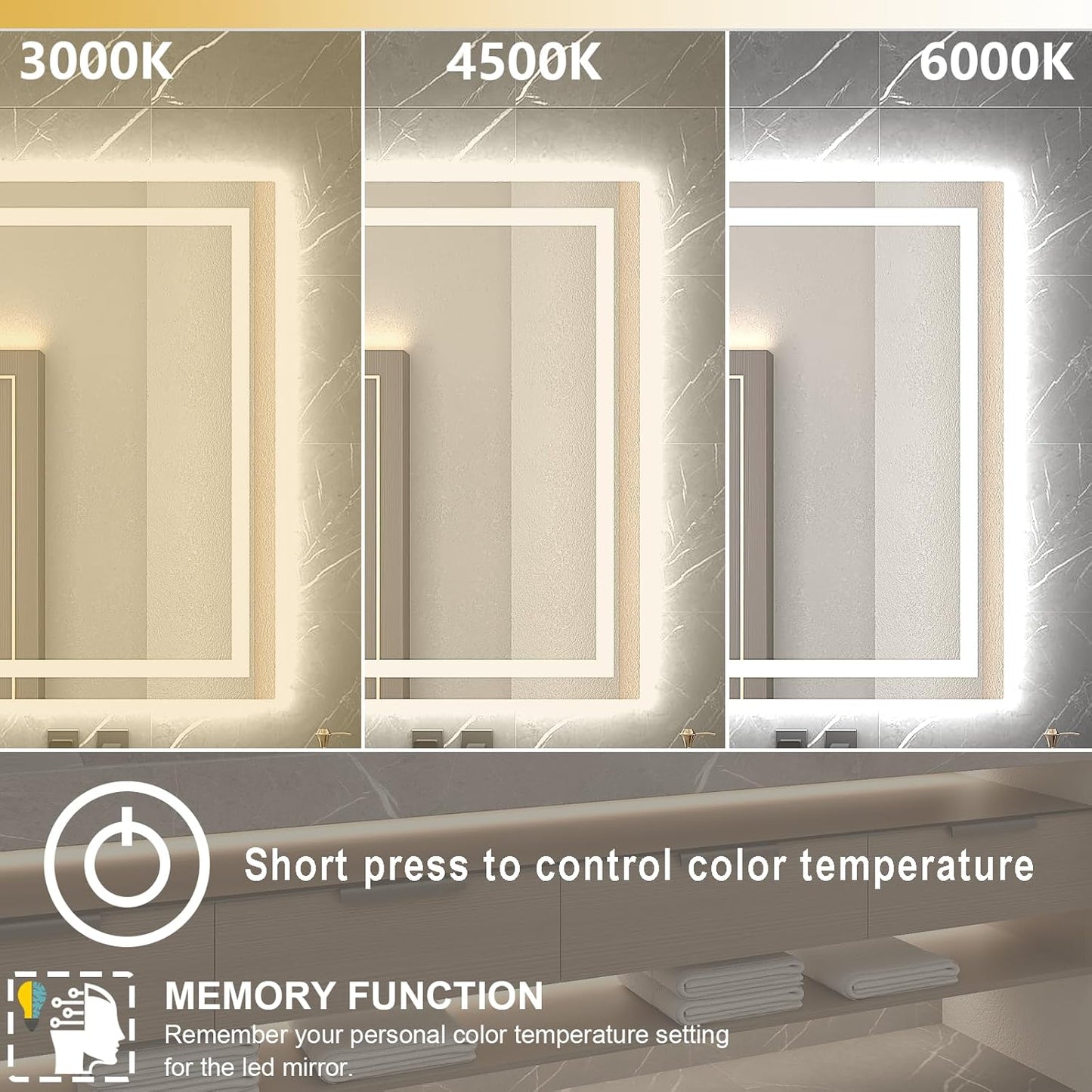 LED Mirror for Bathroom 60x30 Lighted Bathroom Vanity Mirrors with Lights, Brighter Frontlit and Backlit Anti-Fog Mirror, Tempered Glass, Dimmable 3 Colors Light Modes, Memory Function