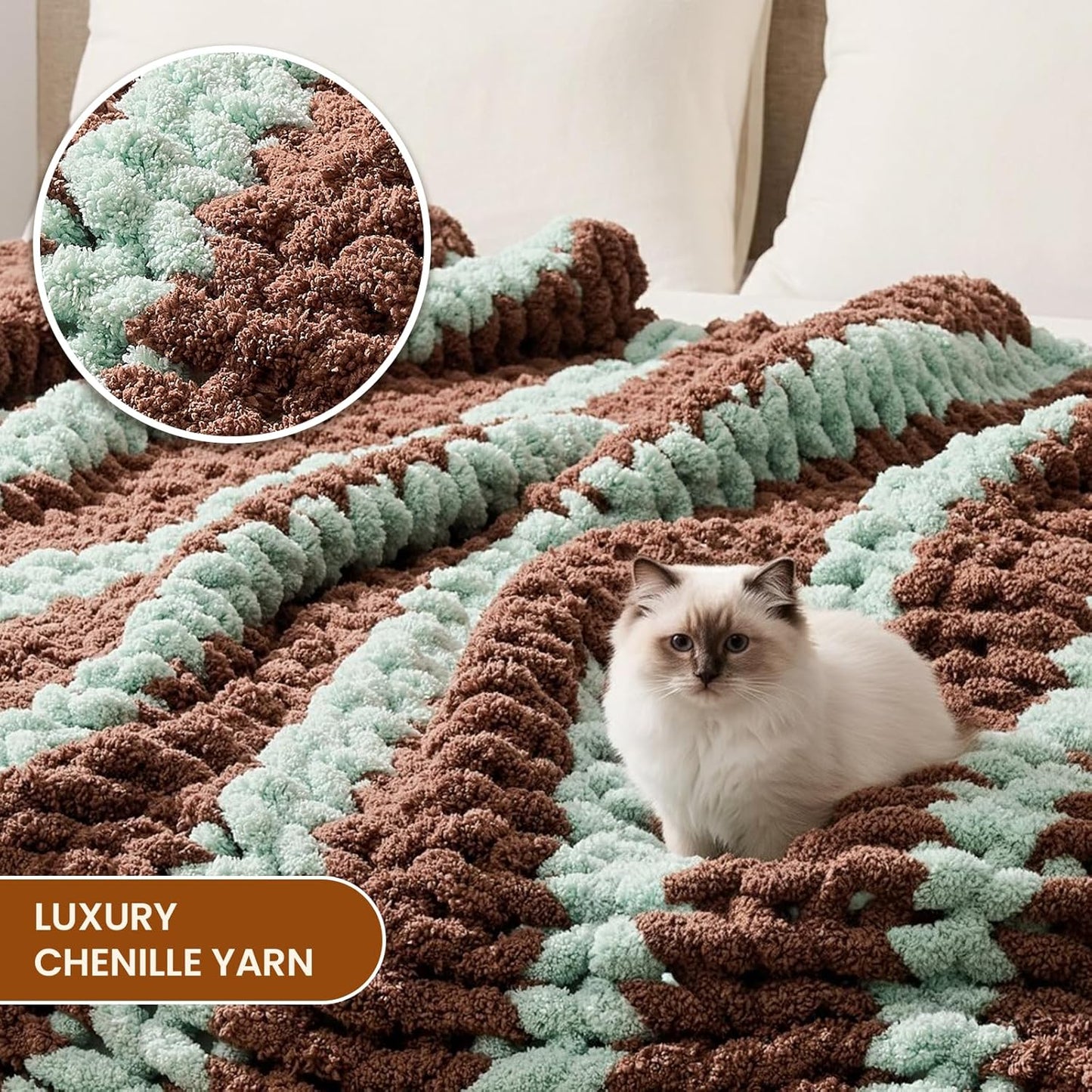 L'AGRATY Chunky Knit Blanket Throw: 60''x80'' Chenille Chunky Knitted Throw Blankets for Twin Bed Couch - Handmade Thick Cable Knit Blanket - Large Crochet Rope Blankets for Home Decor