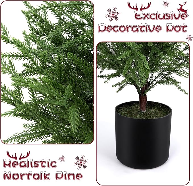 2 Pack 3FT Artificial Topiary Tree Real Touch Norfolk Pine Tree, UV Resistant Artificial Pine Outdoor Plants for Front Porch Decor, Fake Greenery Outdoor Plants Realistic Faux Indoor Tree