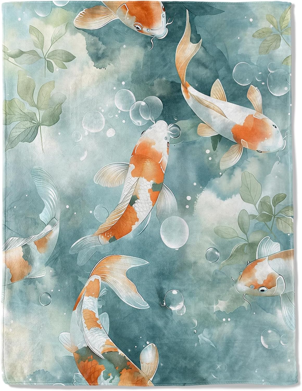 Koi Fish Flannel Blanket - Lightweight Soft Cozy Unique Gifts Blankets for Nature Lovers,Kids,Adult,Women, Watercolor Water Bubble Throw,Home Room Modern Decor 40x50in