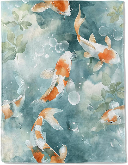 Koi Fish Flannel Blanket - Lightweight Soft Cozy Unique Gifts Blankets for Nature Lovers,Kids,Adult,Women, Watercolor Water Bubble Throw,Home Room Modern Decor 40x50in