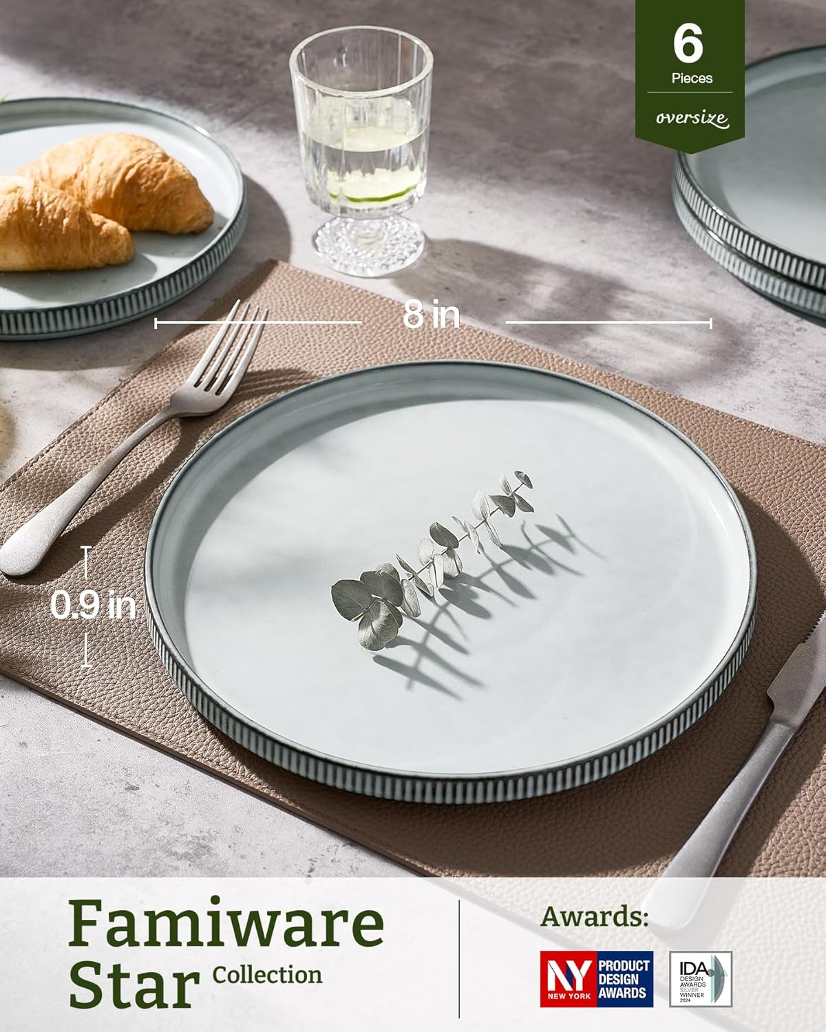 famiware Star Salad Plates for 6, 8 inches Plate Set, Stoneware Dinnerware, Small Dinner Plates for Dessert, Salad, Appetizer, Smoky Blue