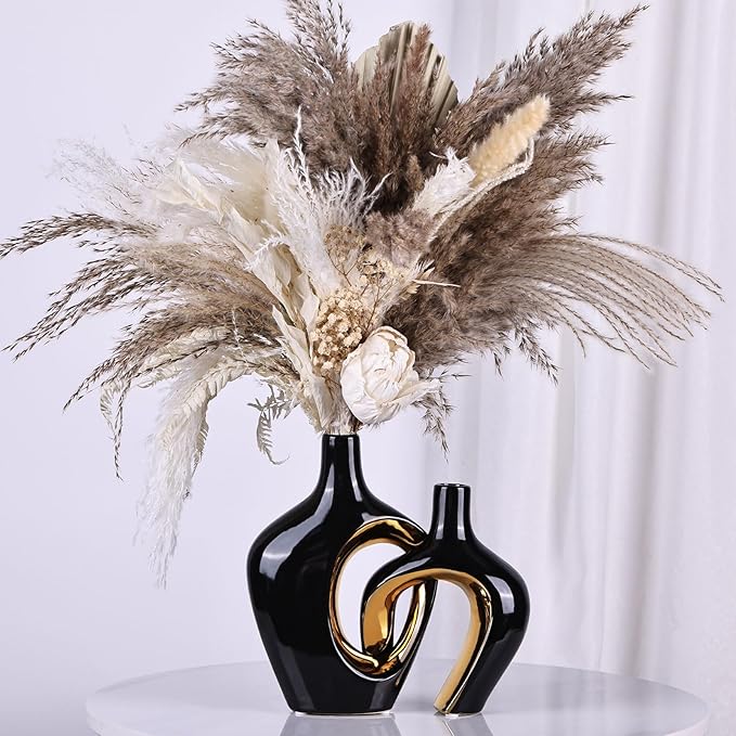 Black and Gold Hollow Ceramic Vase Set of 2, Modern Nordic Boho ins Style Aesthetic Decorative Flower Vase for Home Decor, Wedding, Living, Bedroom, Dining Table, Shelf, Mantle, Office Decor
