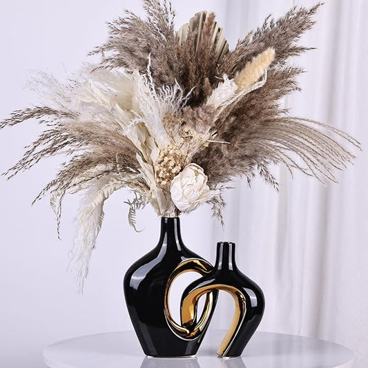 Black and Gold Hollow Ceramic Vase Set of 2, Modern Nordic Boho ins Style Aesthetic Decorative Flower Vase for Home Decor, Wedding, Living, Bedroom, Dining Table, Shelf, Mantle, Office Decor