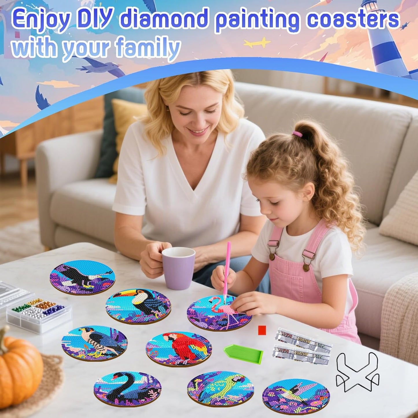 DOZEEZOP 8 PCS Animal Diamond Art Coasters Kit, Bird 5D Diamond Painting Coasters with Holder, Fall Small Diamond Art Kits for Adults Beginners, Diamond Dots Arts and Crafts Supplies