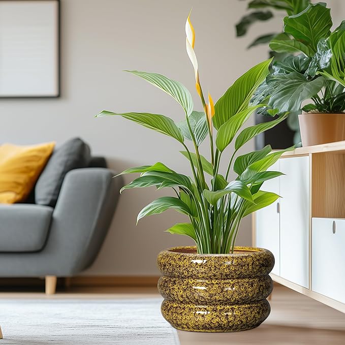 SQOWL Ceramic Pots for Plants - 13.5 Inch Ceramic Planter for Indoor Plants, Large Plant Pots with Drainage Hole, Round Flower Pot Outdoor, Bubble Planter, Room Decor, Gifts for Plant Lover, Yellow