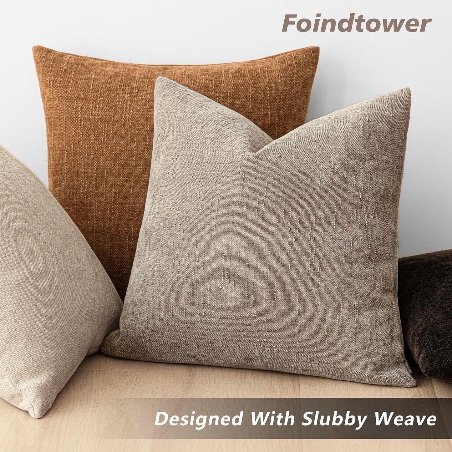 Foindtower Set of 2 Soft Textured Chenille Throw Decorative Pillow Covers Square Accent Solid Cushion Cover Cozy Neutral Farmhouse Pillow Case for Couch Sofa Bedroom Living Room 22x22 Inch,Light Taupe