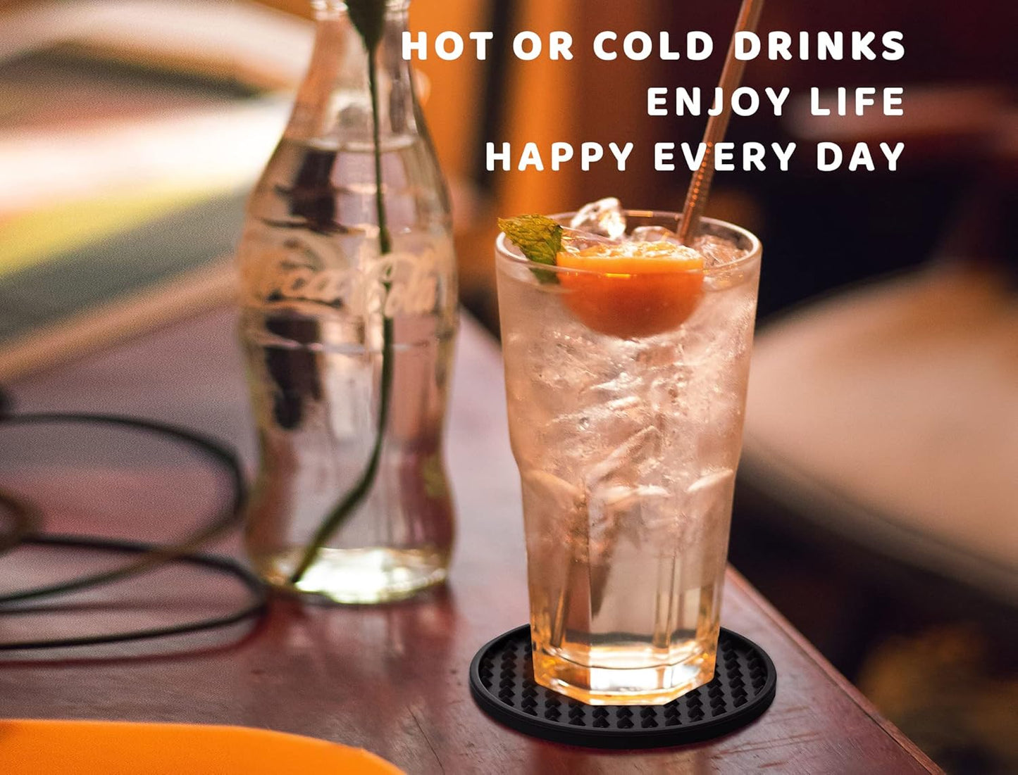 Coasters for Drinks 6 Pcs Drink Plastic Coaster with Holder,Heat Resistant Silicone Cup Mat Tabletop Protection,Non-Slip Rubber Coasters for Kinds of Cups (Black)