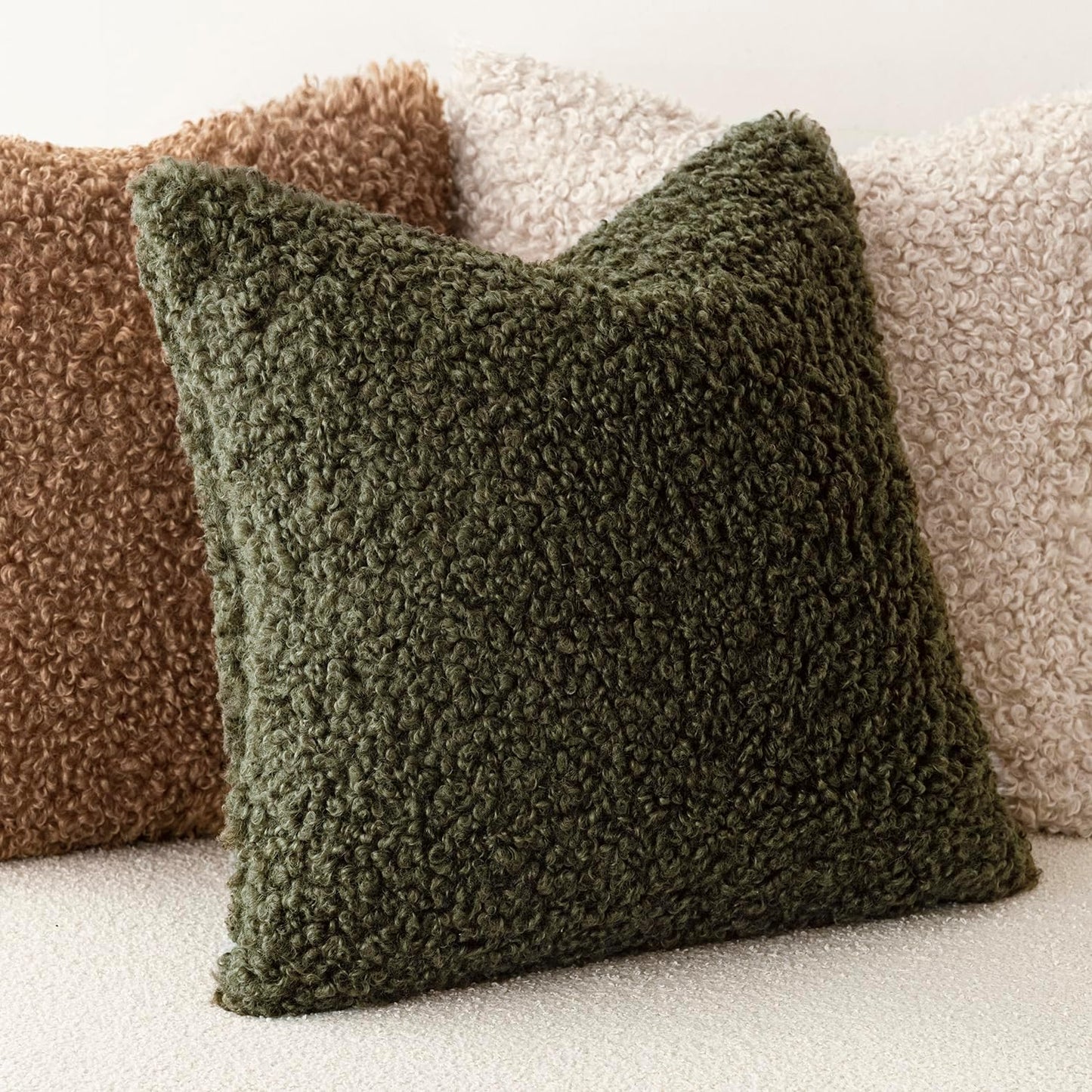 Foindtower Set of 2 Curly Teddy Wool Pillow Covers Decorative Boucle Textured Lumbar Throw Pillow Faux Fur Sherpa Pillowcases Sheepskin Fuzzy Cushion Case for Sofa Bedroom Car 12"x20" Olive Green
