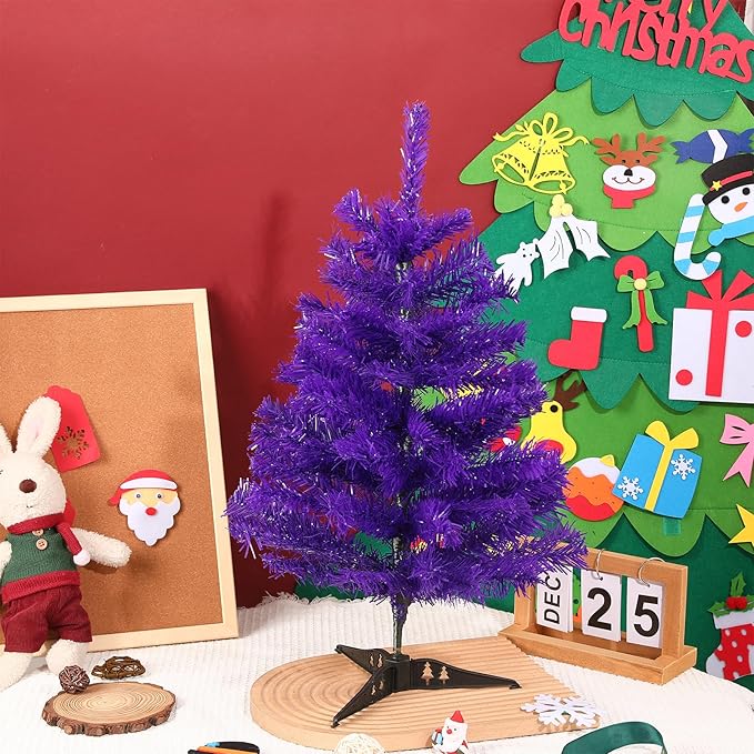 2FT Artificial Christmas Tree Purple Tabletop Christmas Tree with Plastic Stand Mini Xmas Pine Tree for Party Supplies Indoor Outdoor Holiday Home Decoration(Purple)