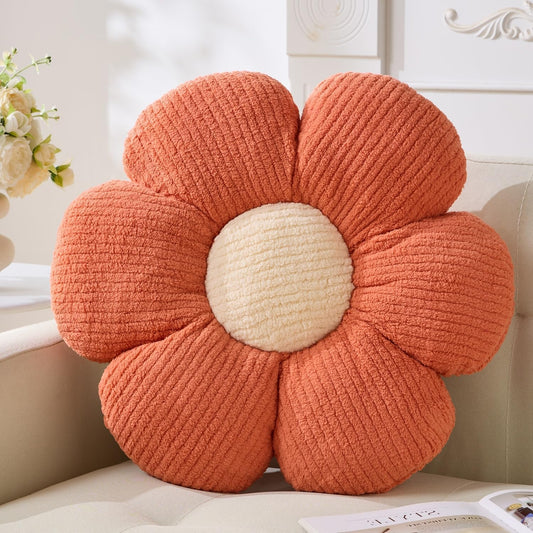 Daisy Shaped Throw Pillow - Orange Flower Plush Cushion, 15.75" Decorative Seating