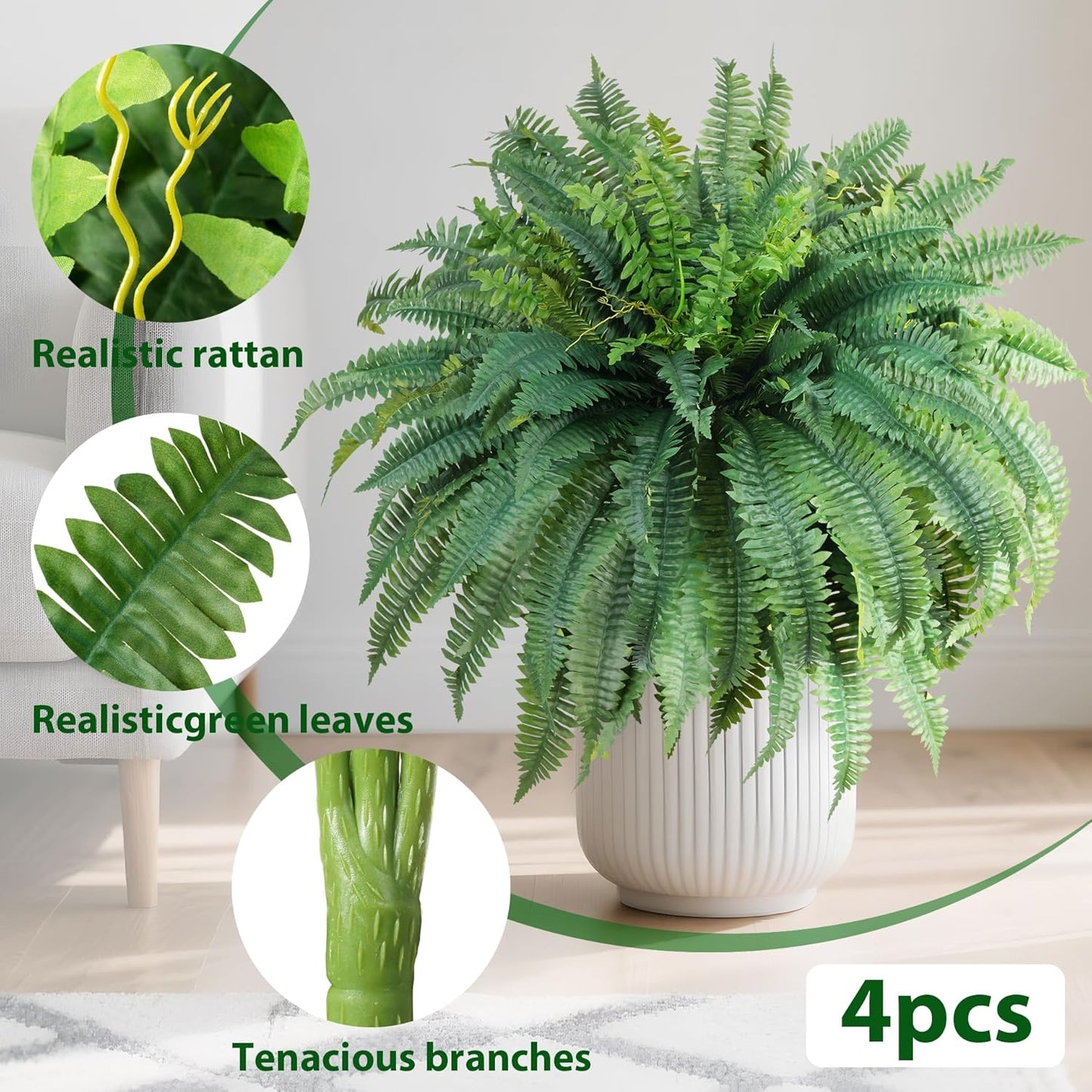 Fake Ferns Artificial Ferns for Outdoors Large Faux Ferns UV Resistance for outdoor Large Planter 25.6In Realistic Artificial Boston Fern Plants for Garden Balcony Terrace Decor，4Pack，60Leaves