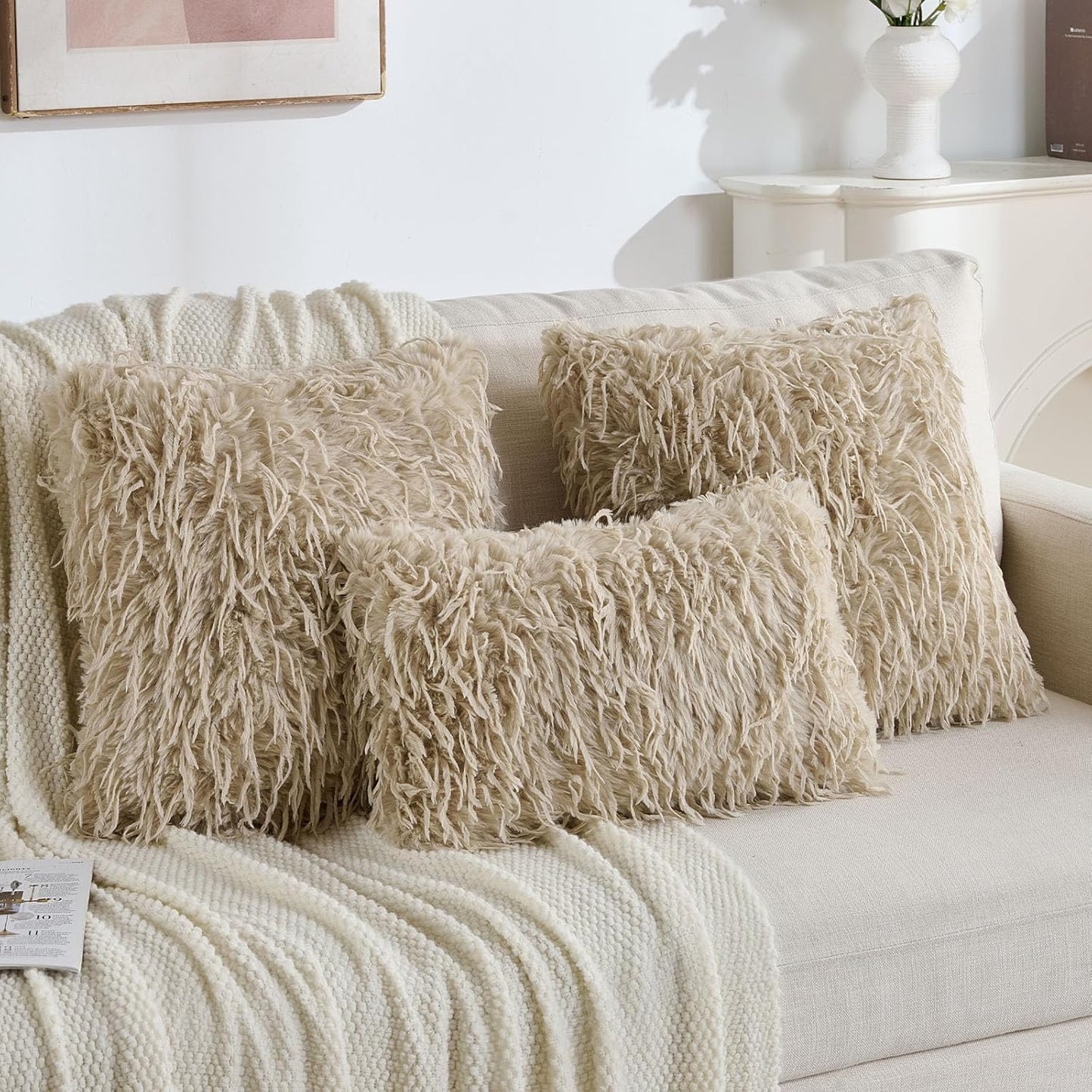 FUTEI Apricot Decorative Throw Pillow Covers 20x20 Inch Set of 2,Soft Fluffy Faux Feather Texture Cushion Cases,Modern Home Luxury Decor for Couch Bed Living Room