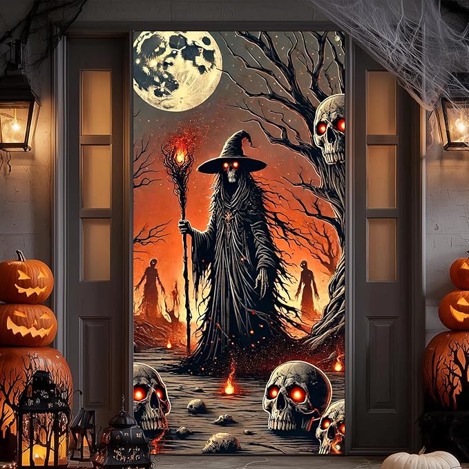 IVN Halloween Door Cover Grim Reaper Witch Scythe Skulls Full Moon Haunted Decor Doors Banner 35x71 Inch Backdrop Decoration for Spooky Events For Girls or boys gifts Banners Dedcrations