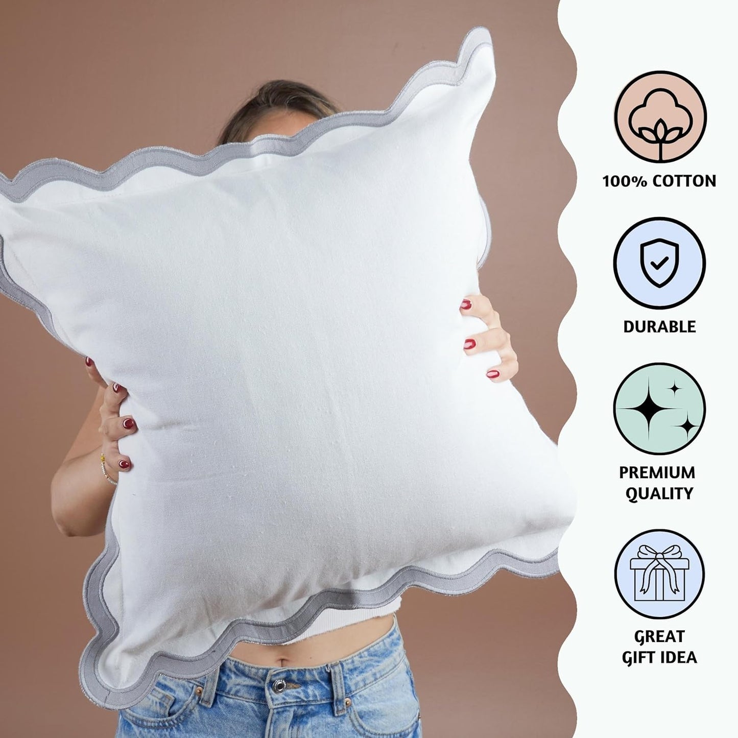 Folkulture Throw Pillow Covers | (18 x 18) Set of 2 Scallop Pillow Cover | Cute Outdoor Pillows or Decorative Pillows Standard Size | Cotton Couch Pillows for Living Room | White Throw Pillows