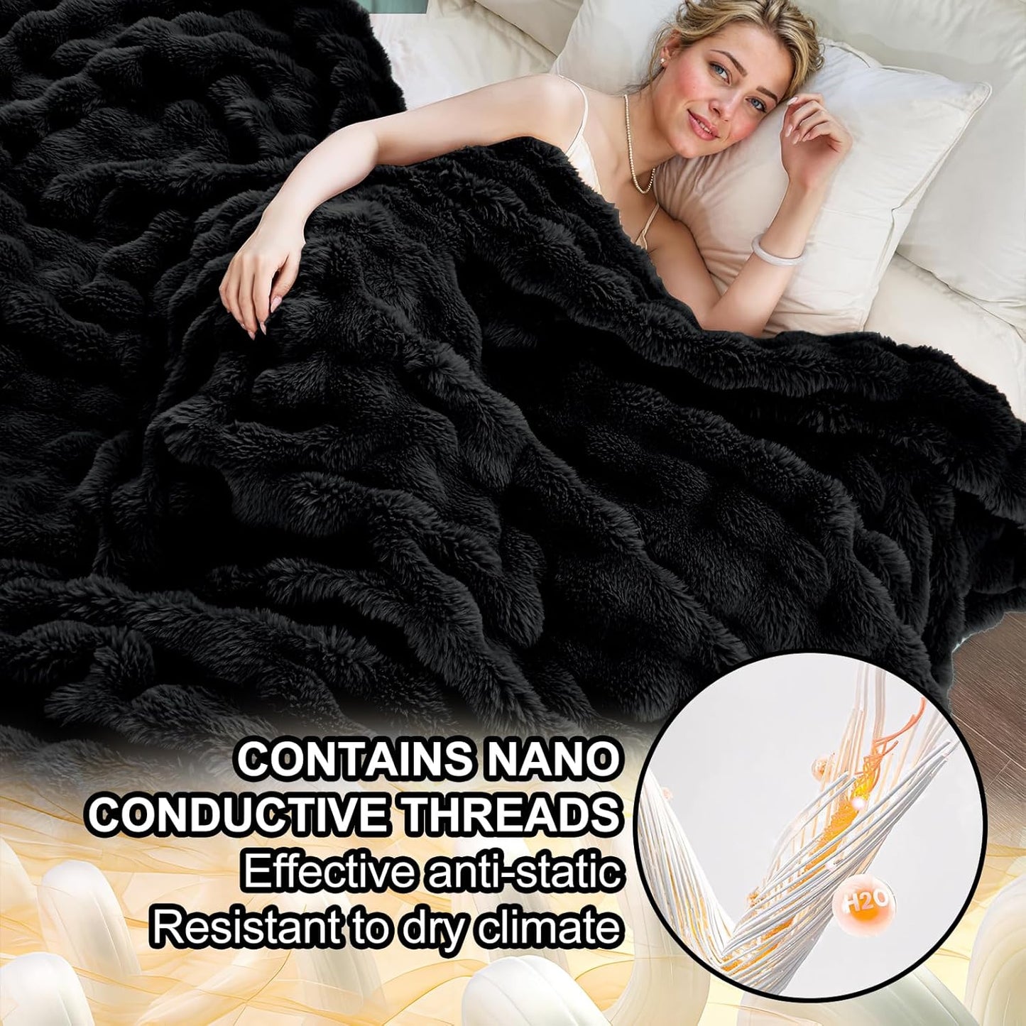 Faux Fur Black Throw Blanket for Couch - Super Soft Heavy Flufyy Thick Bubble Throw Blankets for Bed Bedroom Living Room Farmhouse Sofa Chair Fall Winter Warm, 90x108 Inch