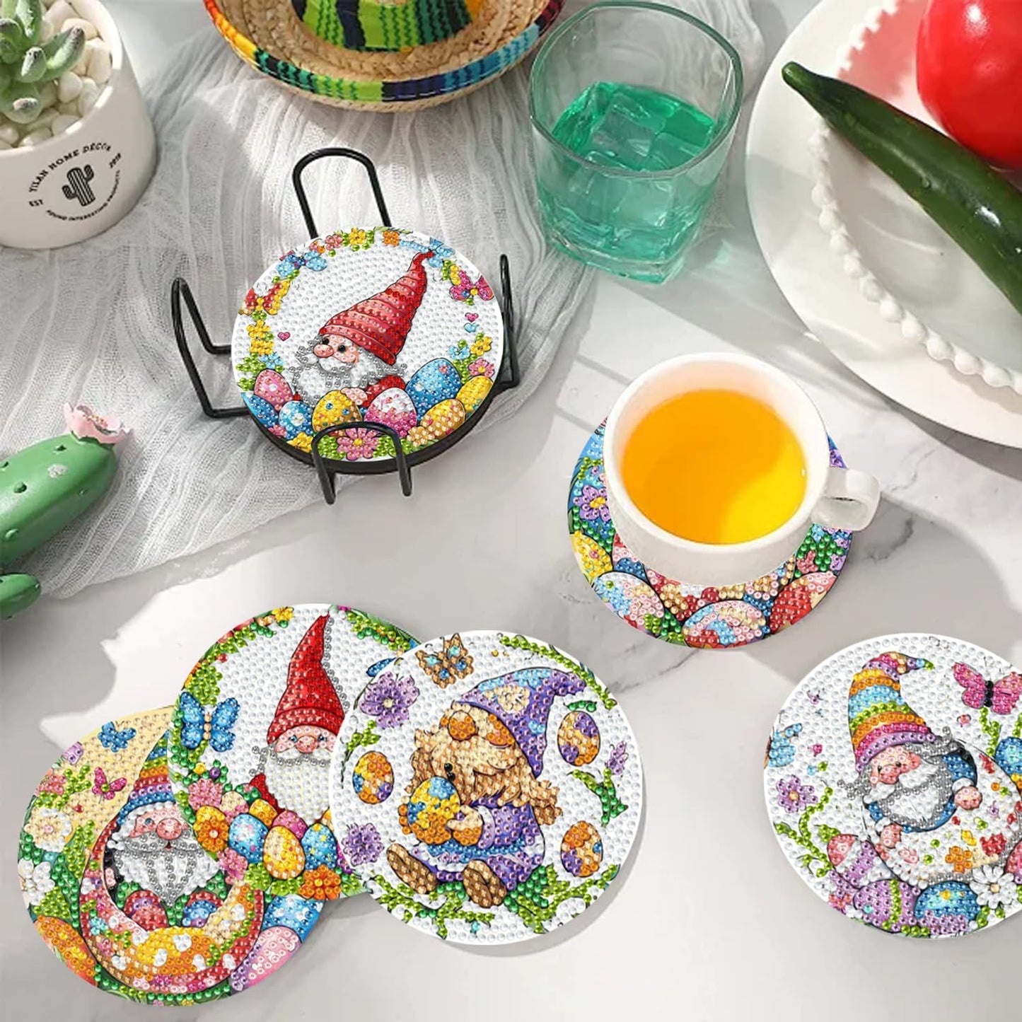 DOZEEZOP 8 PCS Diamond Art Coasters Kit, Diamond Painting Coasters with Holder, Fall Diamond Art Kits for Adults Beginners, Arts and Crafts Supplies Party Item Sets The Cute Gnome