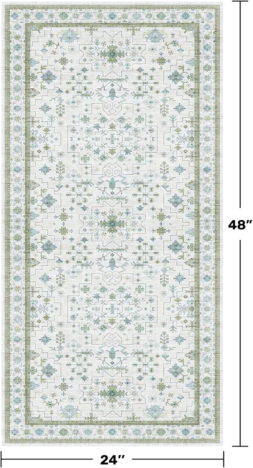 Cream Green and Blue 2x4 Boho Bathroom Rug - Oushak Floral Pastel, Washable Low Pile Non Slip with Rubber Backing Stain Resistant Entryway Rugs Indoor, Small Carpet for Kitchen, Bedroom, Laundry Room
