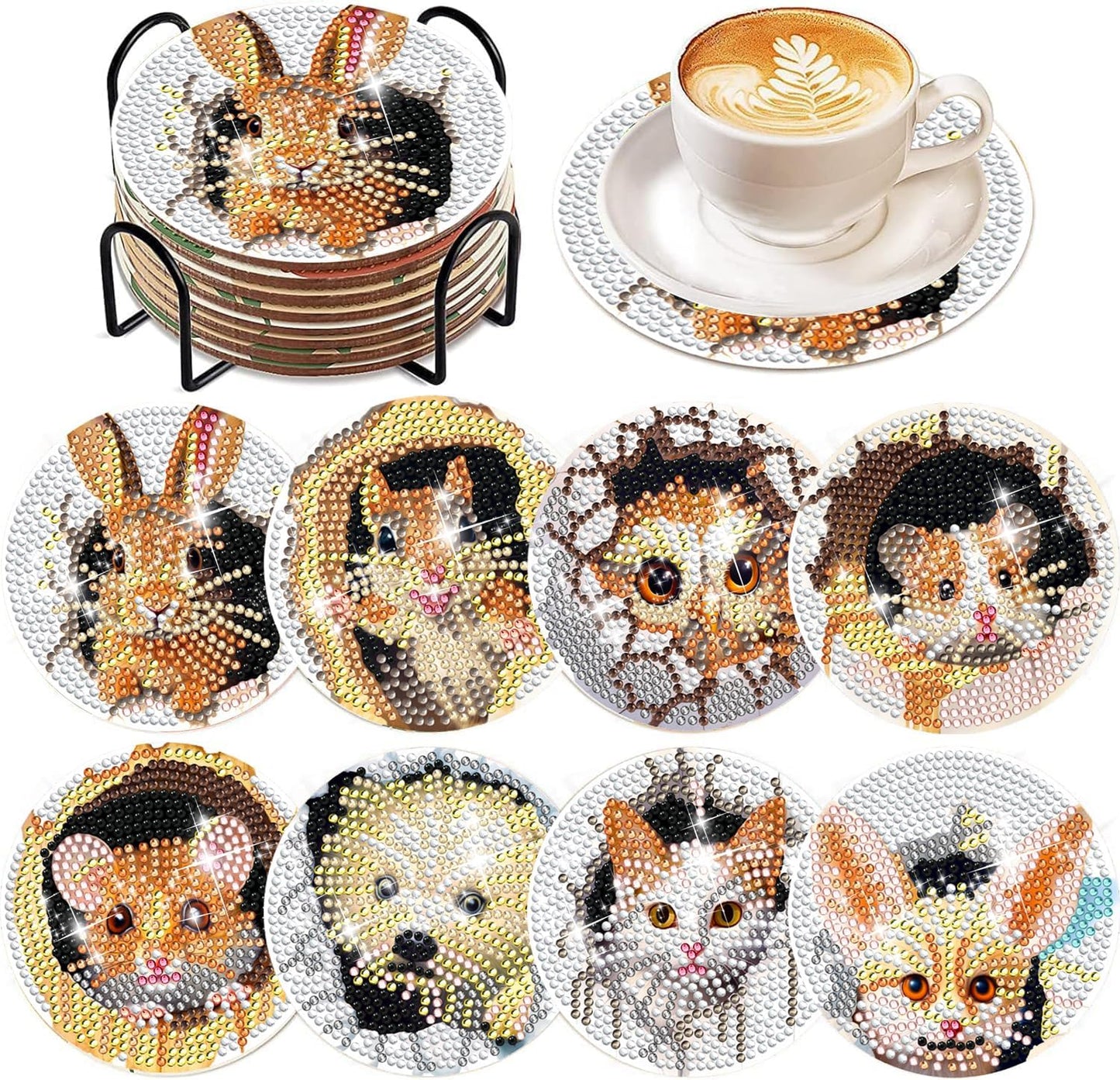 DOTSOPS 8 Pcs Animal Diamond Art Coasters with Holder Diamond Painting Coasters Kits for Adults Beginners Diamond Craft for Christmas Birthday