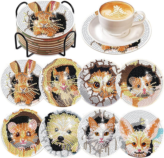 DOTSOPS 8 Pcs Animal Diamond Art Coasters with Holder Diamond Painting Coasters Kits for Adults Beginners Diamond Craft for Christmas Birthday