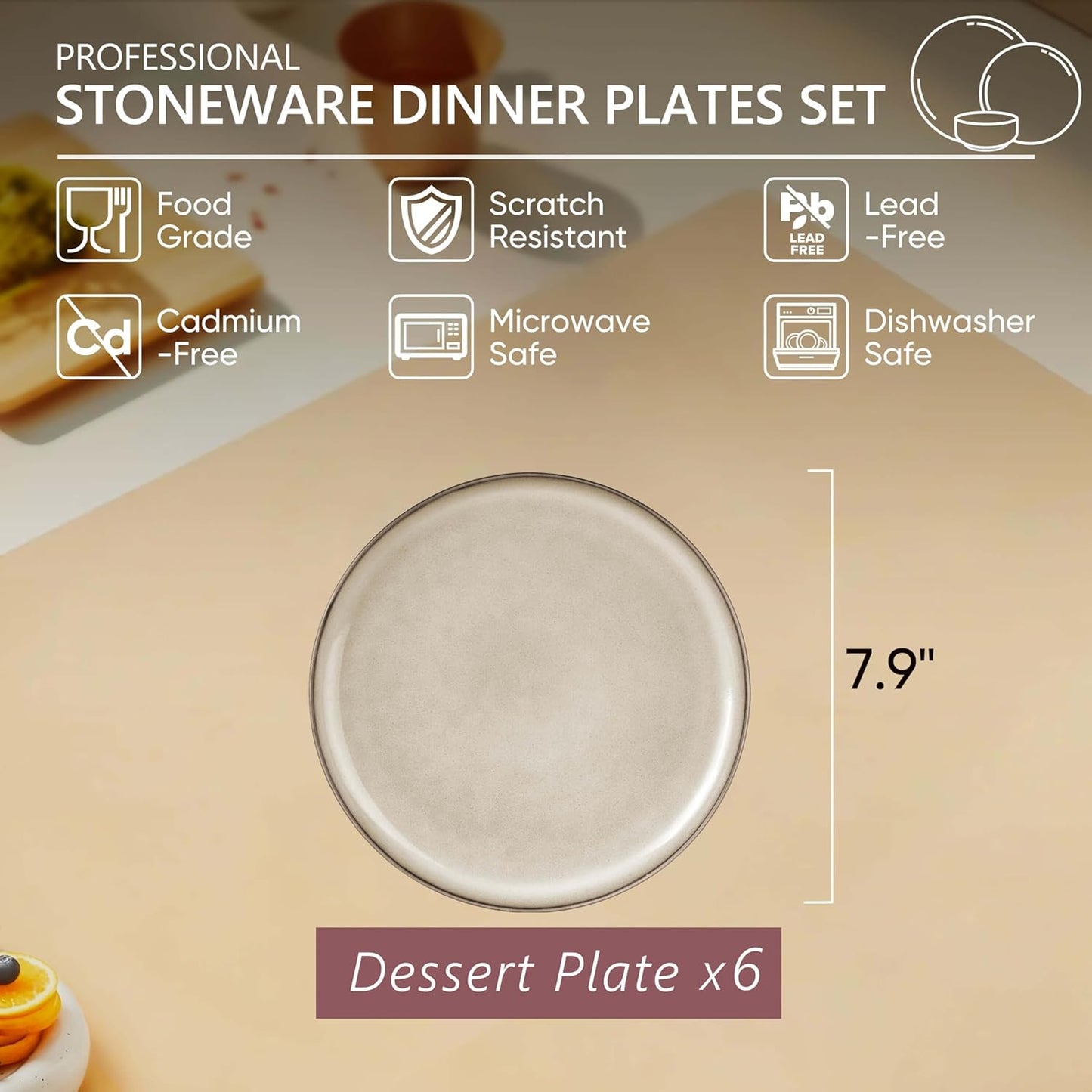 Herogo Ceramic 7.9 Inch Dinner Dessert Plates Set of 6, Small Stoneware Dinnerware Plate Set, Double Reactive Glaze Large Dinnerware Plates for Kitchen, Microwave, Oven & Dishwasher Safe, Cream Khaki