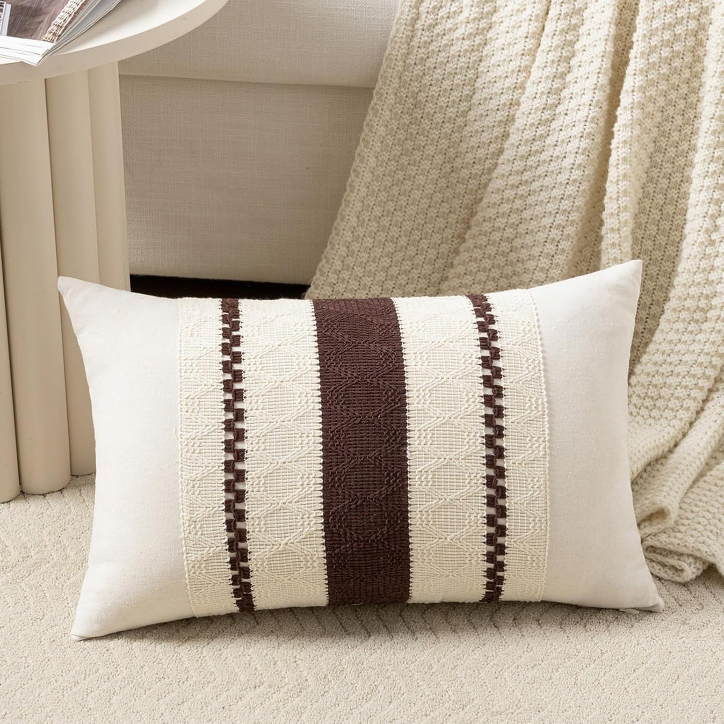 Fancy Homi Set of 1 Boho Brown Lumbar Decorative Throw Pillow Cover 12x20 Inch for Couch Bed Sofa Chair, Modern Organic Farmhouse Home Decor, Soft Cotton Cute Accent Rectangle Cushion Case