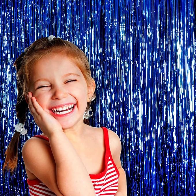 4 Pack Blue Foil Fringe Curtain Backdrop, 3.28Ft x 9.84Ft Metallic Tinsel Streamers for Sea Party, Photo Booth Props, Birthday, 2022 Summer Ocean Theme Party Decoration Supplies