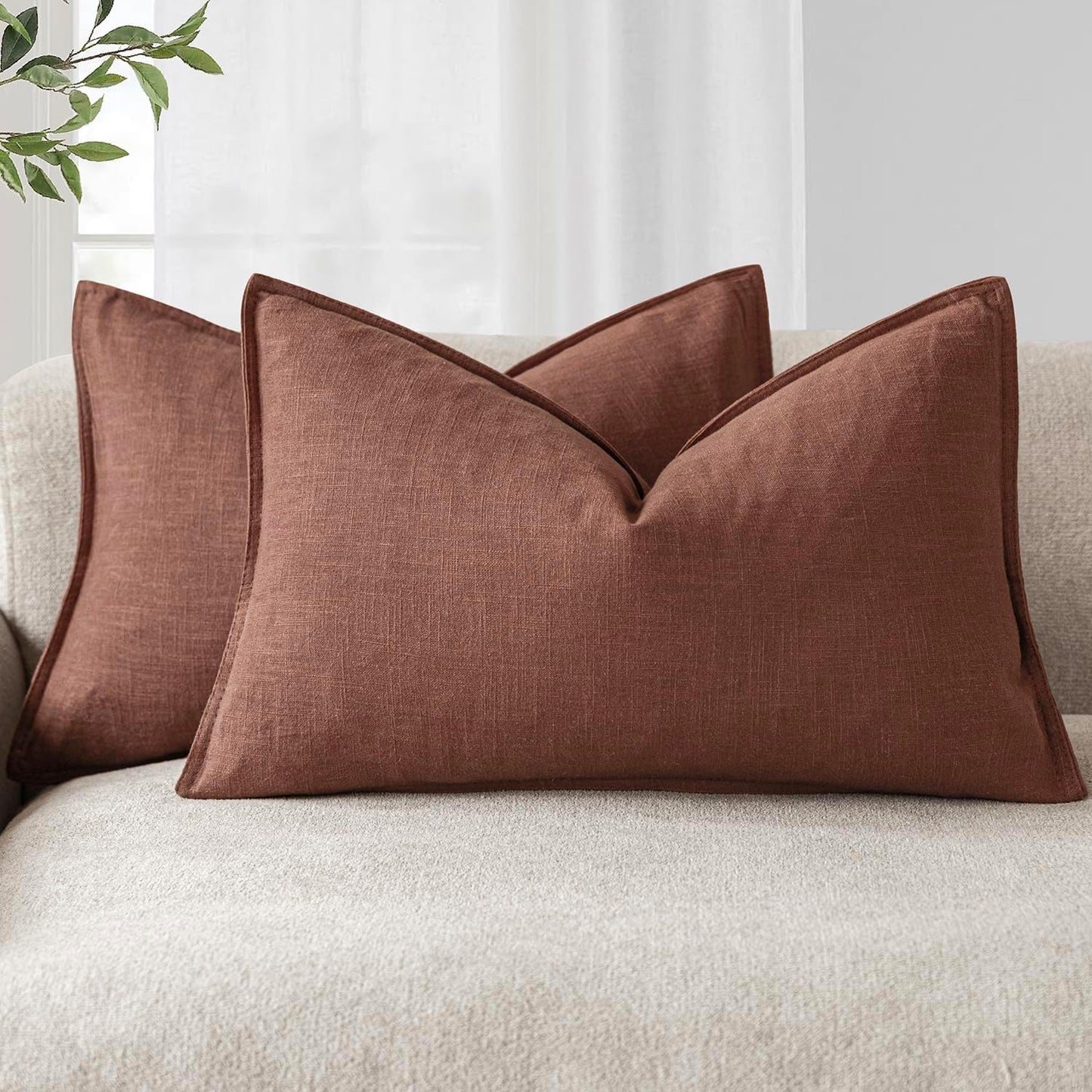 Foindtower Pack of 2, Decorative Linen Soild Throw Pillow Covers Soft Accent Lumbar Cushion Case Boho Farmhouse Pillowcase for Chair Couch Sofa Bedroom Living Room Home Decor 12 x 20 Inch Rust Red