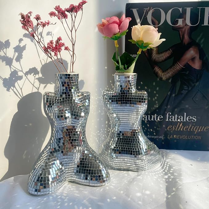 Modern Chic Vase, Handmade Ceramic Disco Flower Vase for Office Bedroom Living Room, Modern Bohemian Home Decoration,Silver,4x2.8x5.7inches