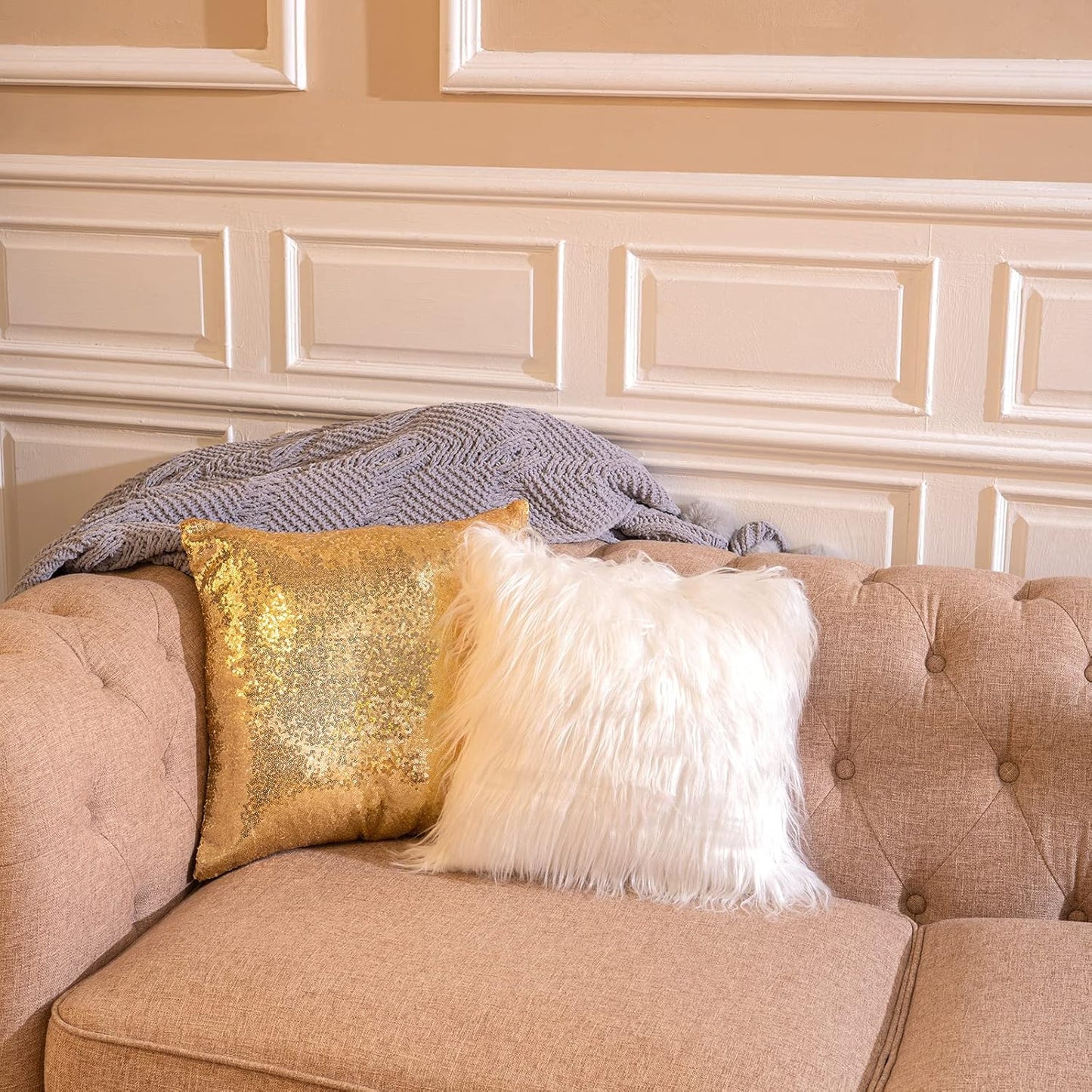 Irenare 4 Pcs Sequin and Fluffy Pillow Covers Winter Throw Pillow Cases Soft Cushion Cover for Couch Bed Sofa Xmas Day(18 x 18 Inch,Gold, White)