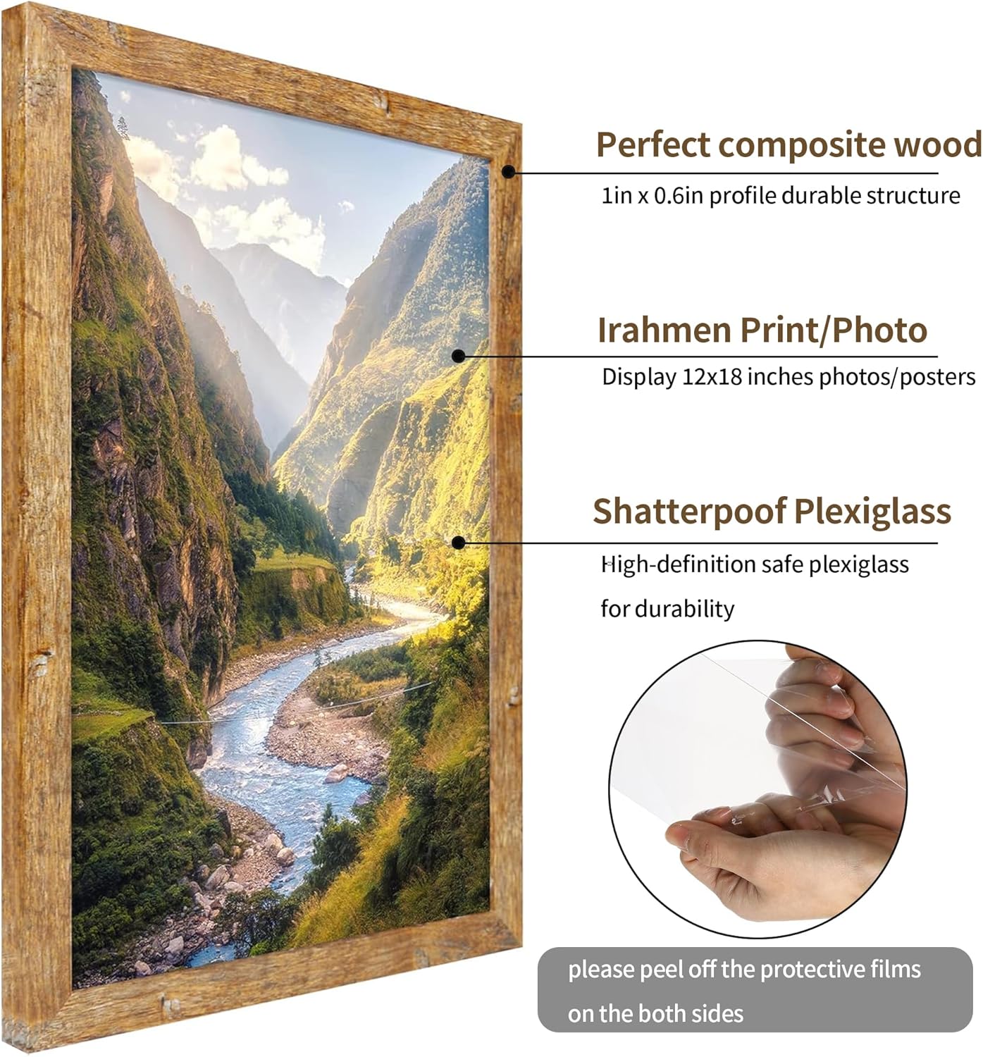 iRahmen 12x18 Picture Frame Set of 2 with Plexiglass, Rustic Brown Wood Poster Frame 12 x 18 for Photo Gallery Wall Mounting Horizontal and Vertical